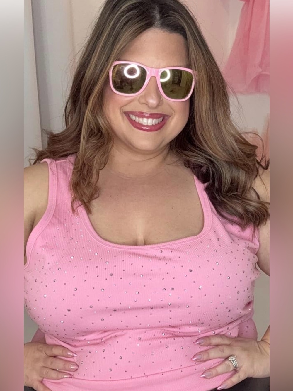 Plus Pink Rhinestone Ribbed Tank Top